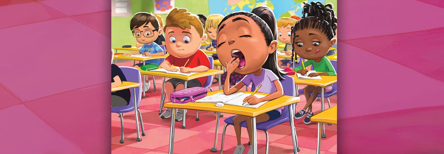 A girl yawns over her open notebook while classmates at nearby desks turn to look at her